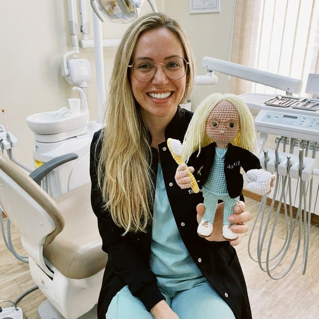 Happy customer with her custom crochet mini-me figure